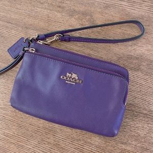 Coach Leather Wristlet Double Zipper Purple